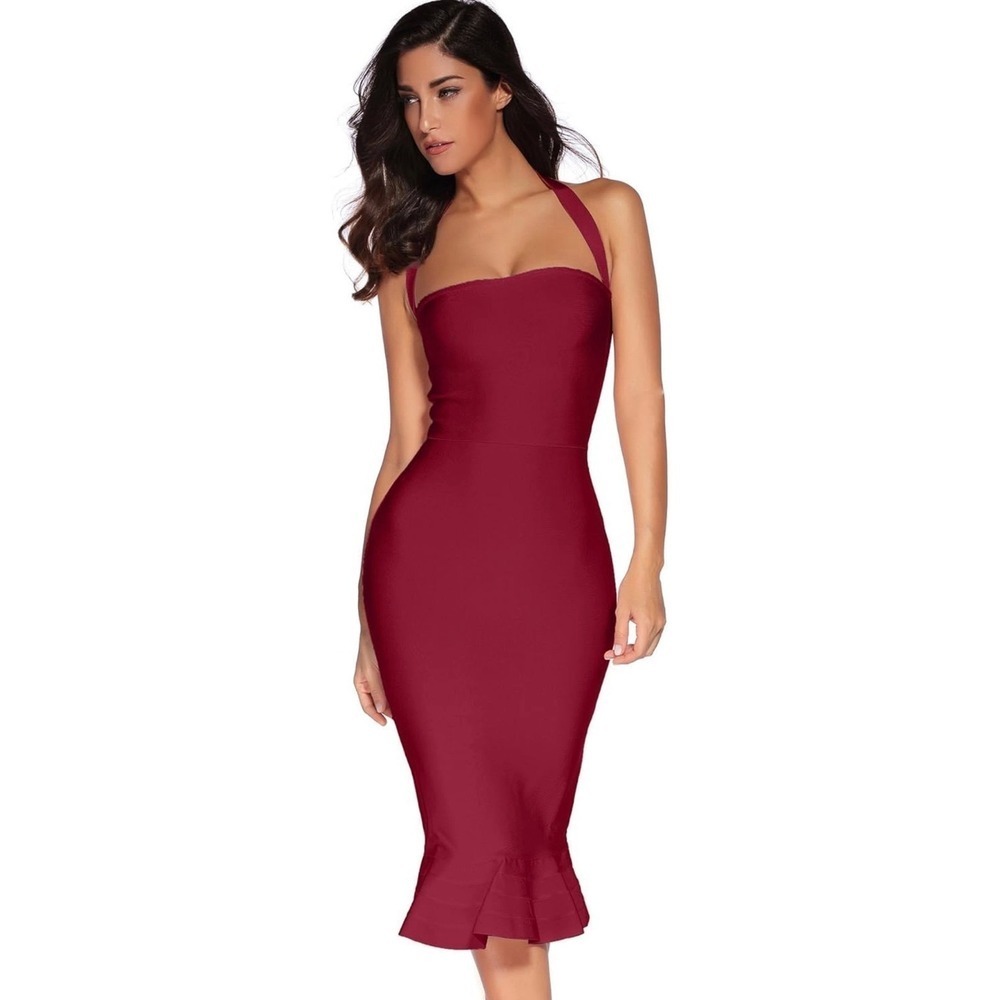 Wine Red Halter Bandage Bodycon‎ Dress Gold Zipper Trumpet Hem Large